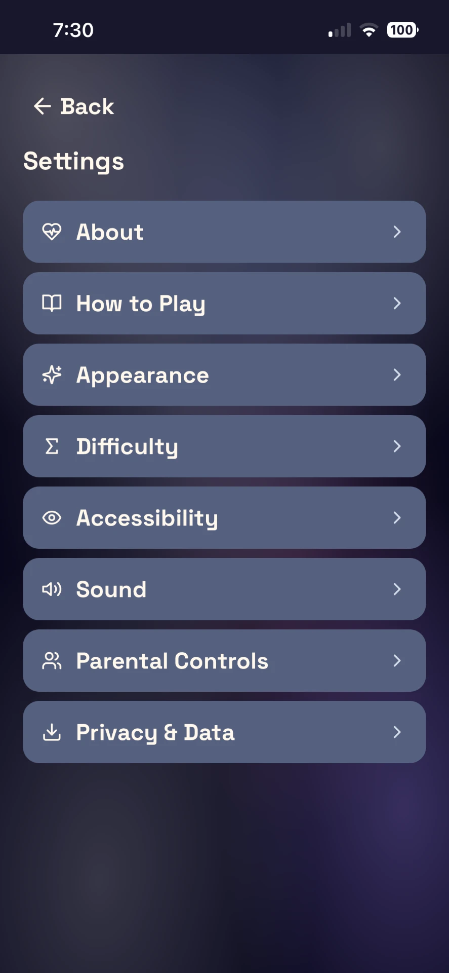 Settings list with About, How to Play, Appearance, Difficulty and Privacy