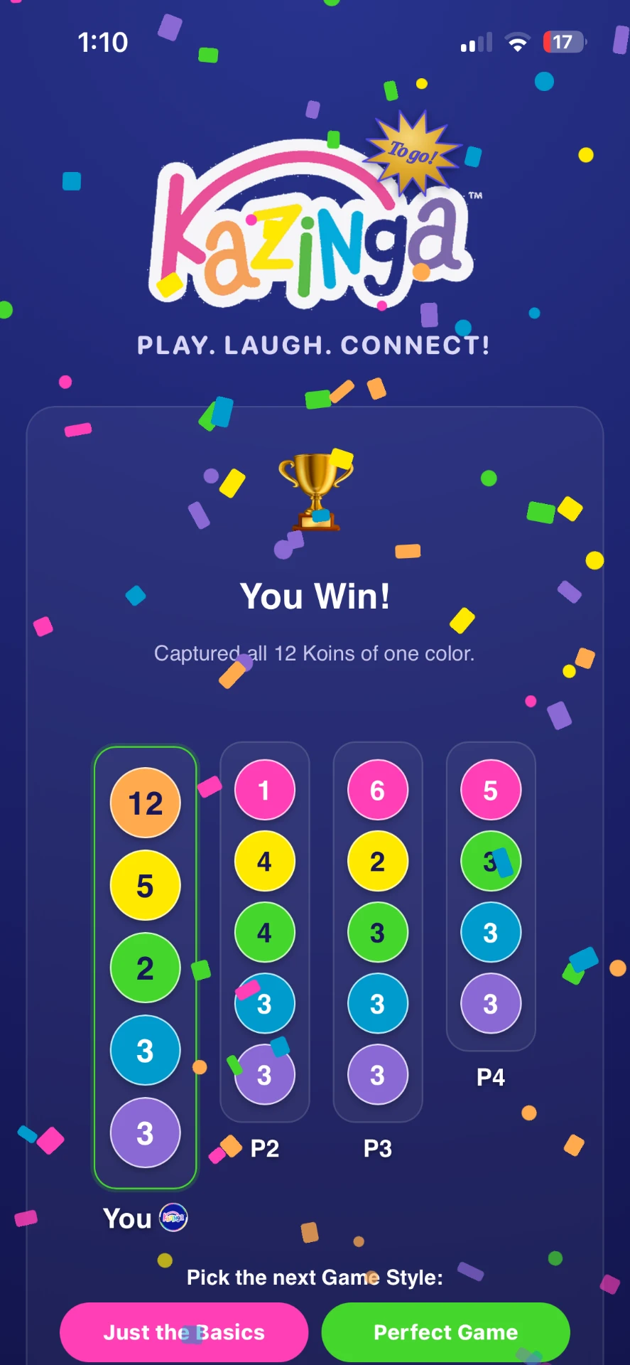 Kazinga To Go win screen with confetti after capturing all twelve Koins of one color