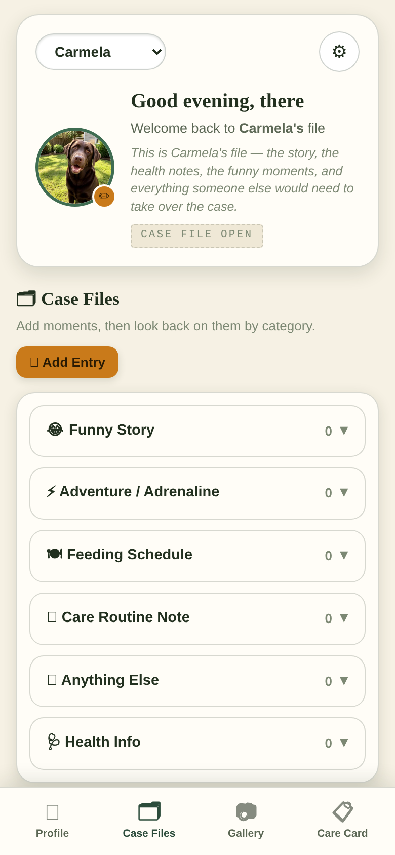 The Pet Files Case Files categories for stories, adventures, feeding, care, and health