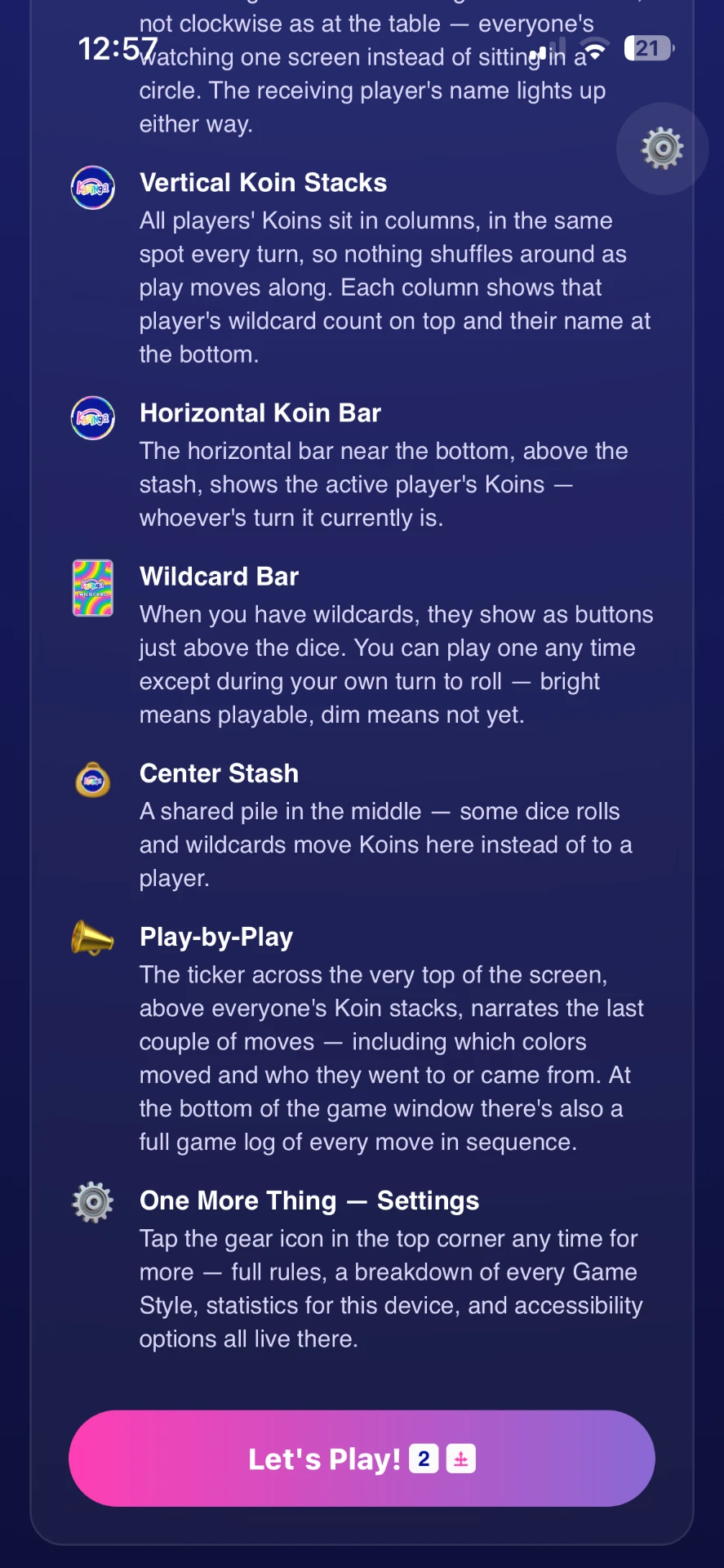 Kazinga To Go quick-tour screen explaining vertical Koin stacks, the center stash, Wildcards and play-by-play