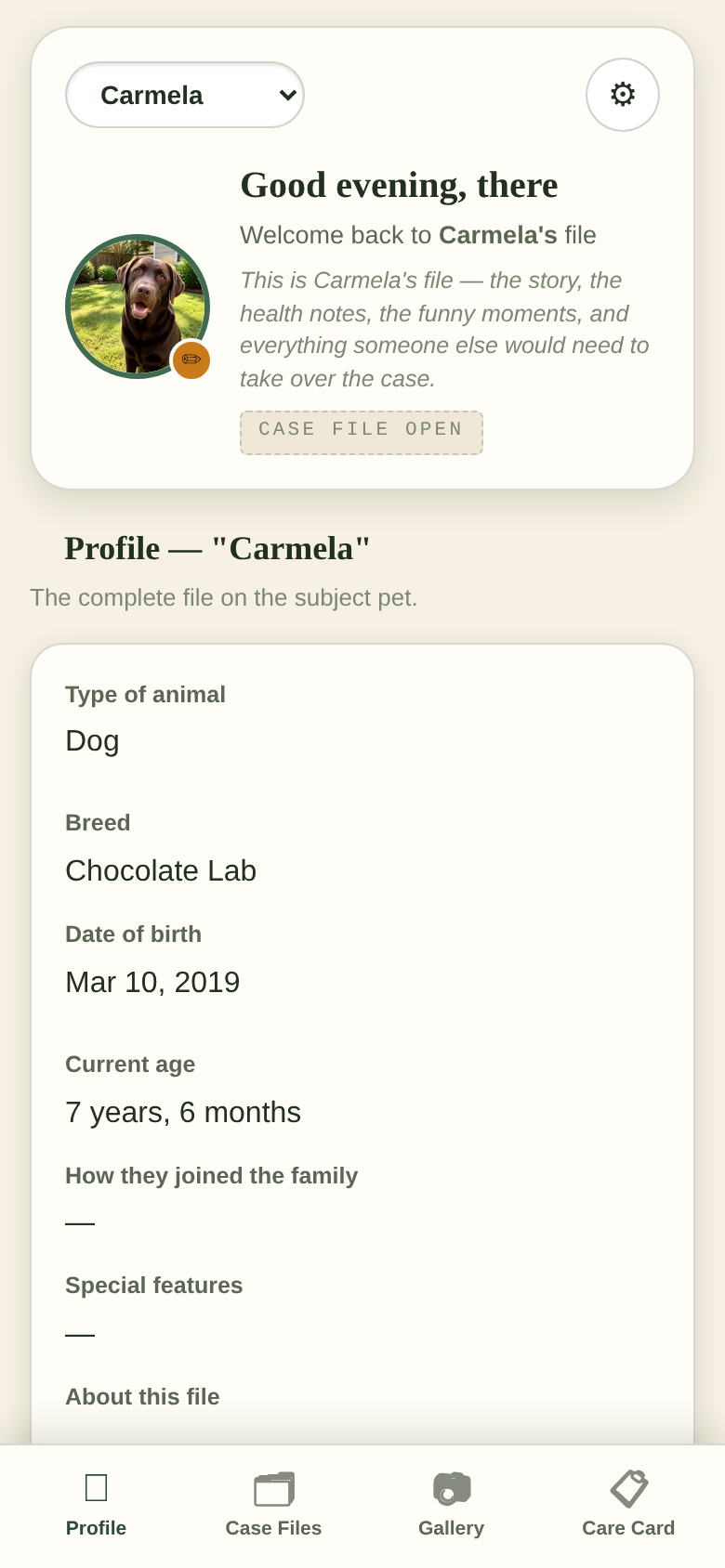 The Pet Files profile for Carmela, a chocolate lab