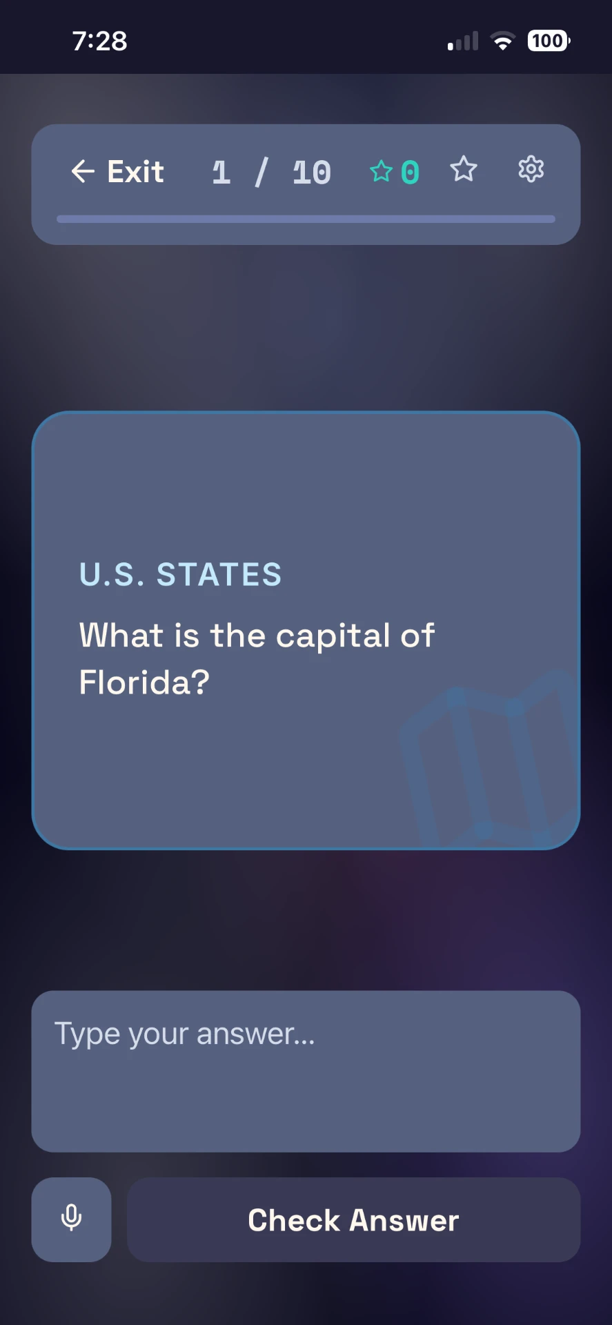 Question card asking for the capital of Florida with a type-your-answer field