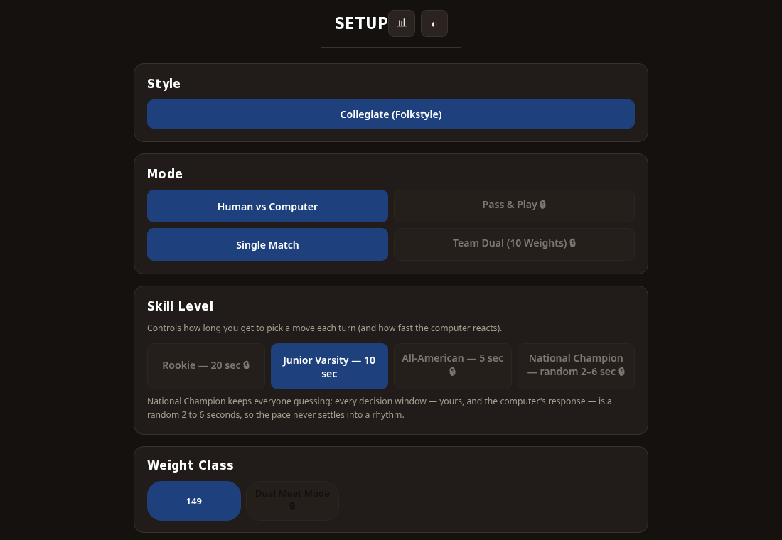 Choosing wrestlers and match settings