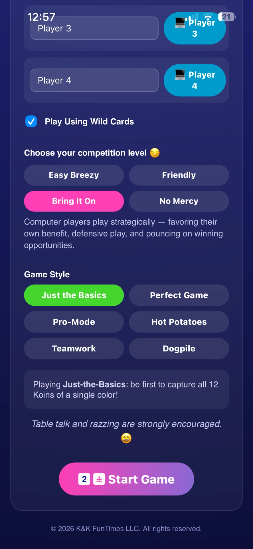 Kazinga To Go setup showing competition levels and the six Game Styles