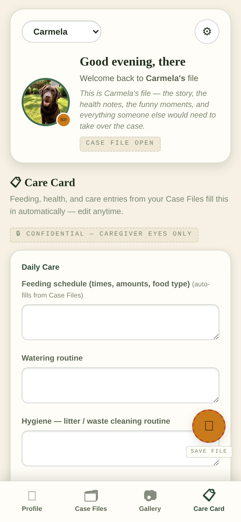 The Pet Files caregiver Care Card with daily care and health sections