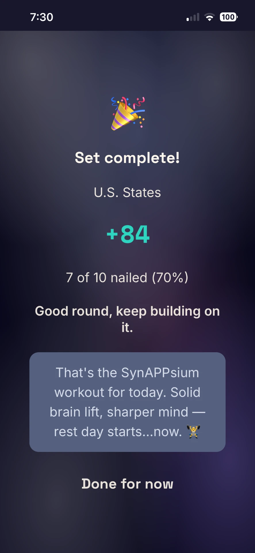 Set complete screen with score, percentage and a rest-day message