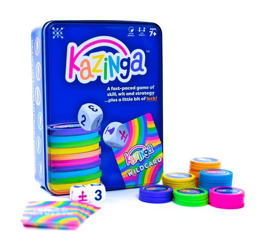 The Kazinga game box with chips, dice and a Wildcard card