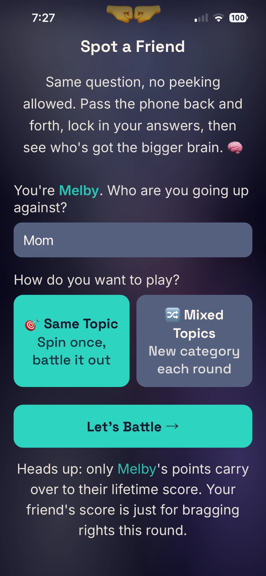 Spot a Friend setup with opponent name and Same Topic or Mixed Topics choice