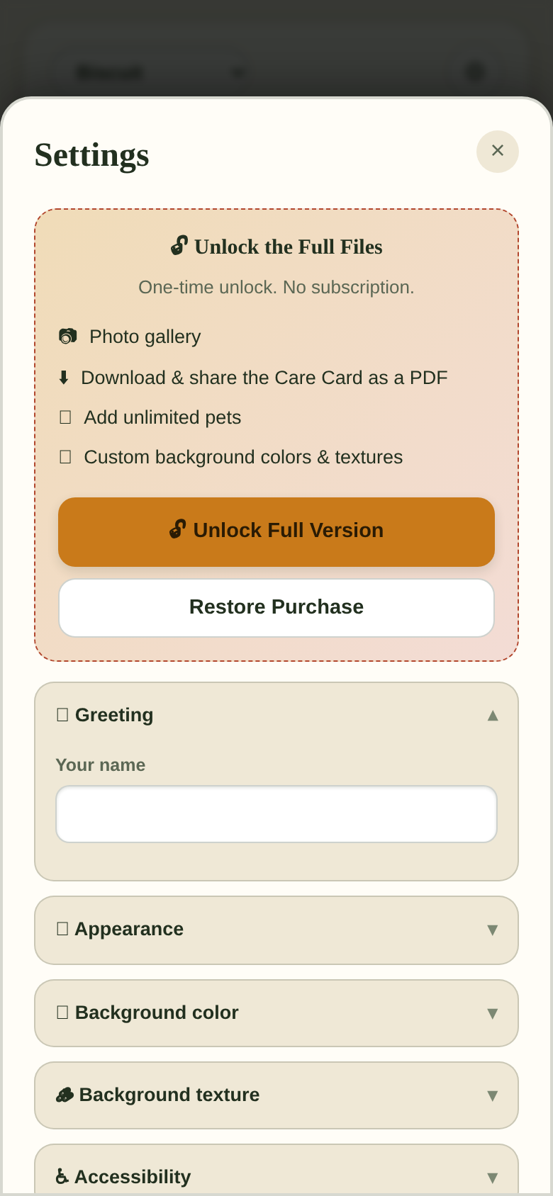The Pet Files settings showing the one-time full-version unlock features