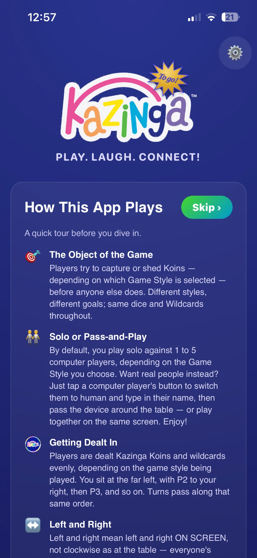 Kazinga To Go quick-tour screen explaining the object of the game and solo or pass-and-play