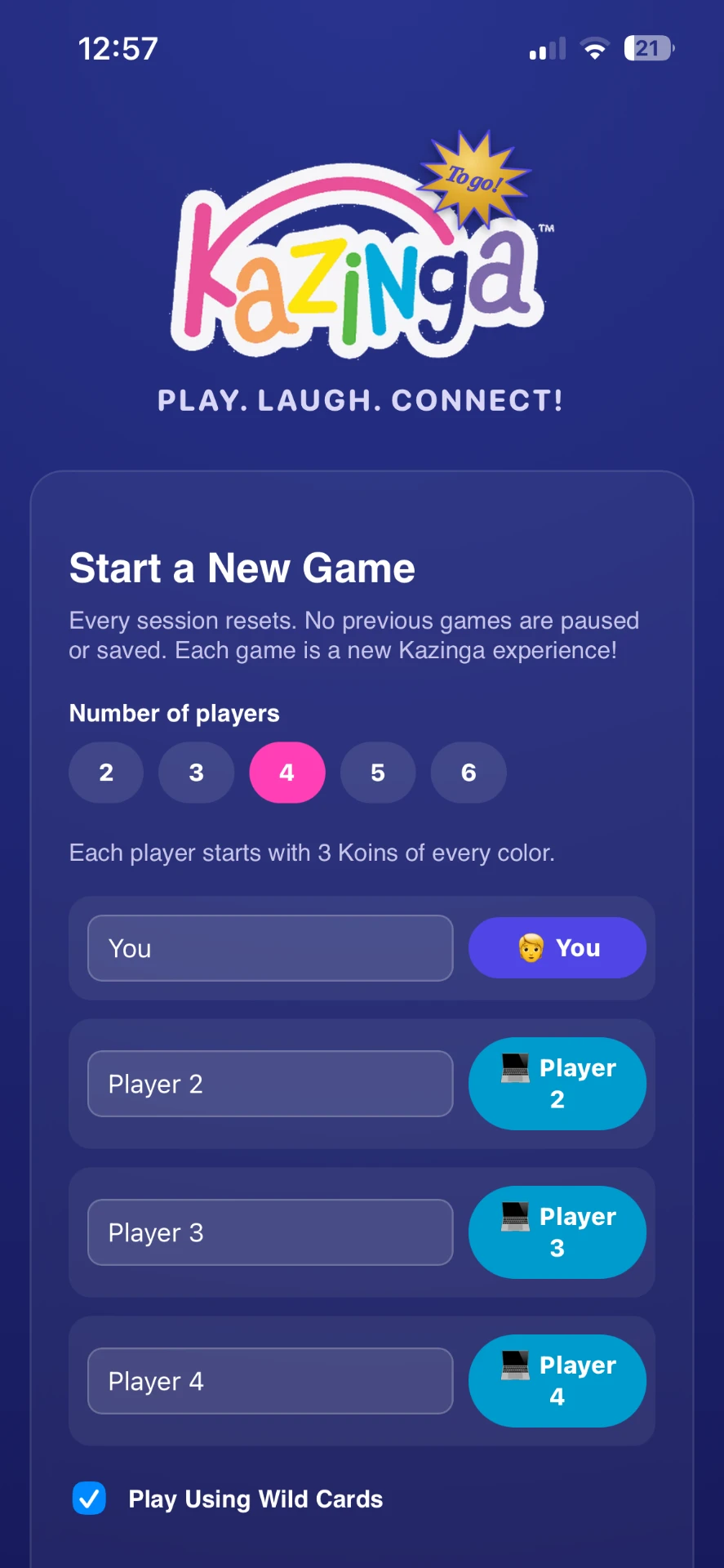 Kazinga To Go home screen with the logo, tagline and a new-game setup for two to six players