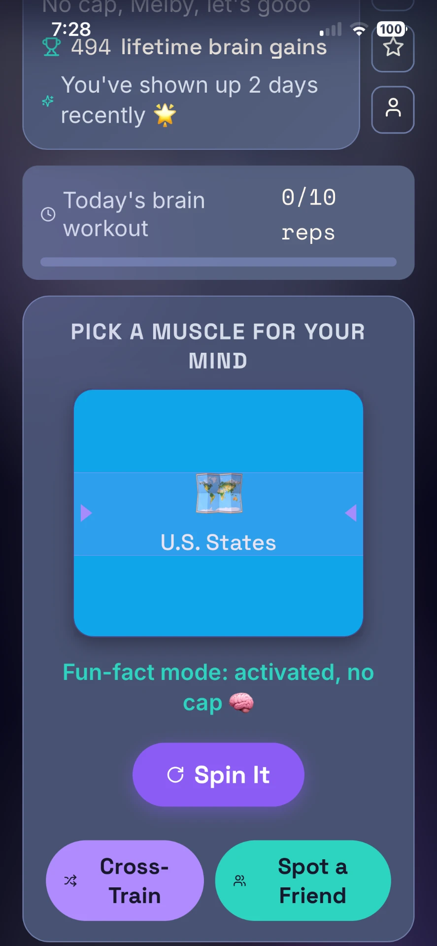 Subject picker showing U.S. States with Spin It, Cross-Train and Spot a Friend buttons