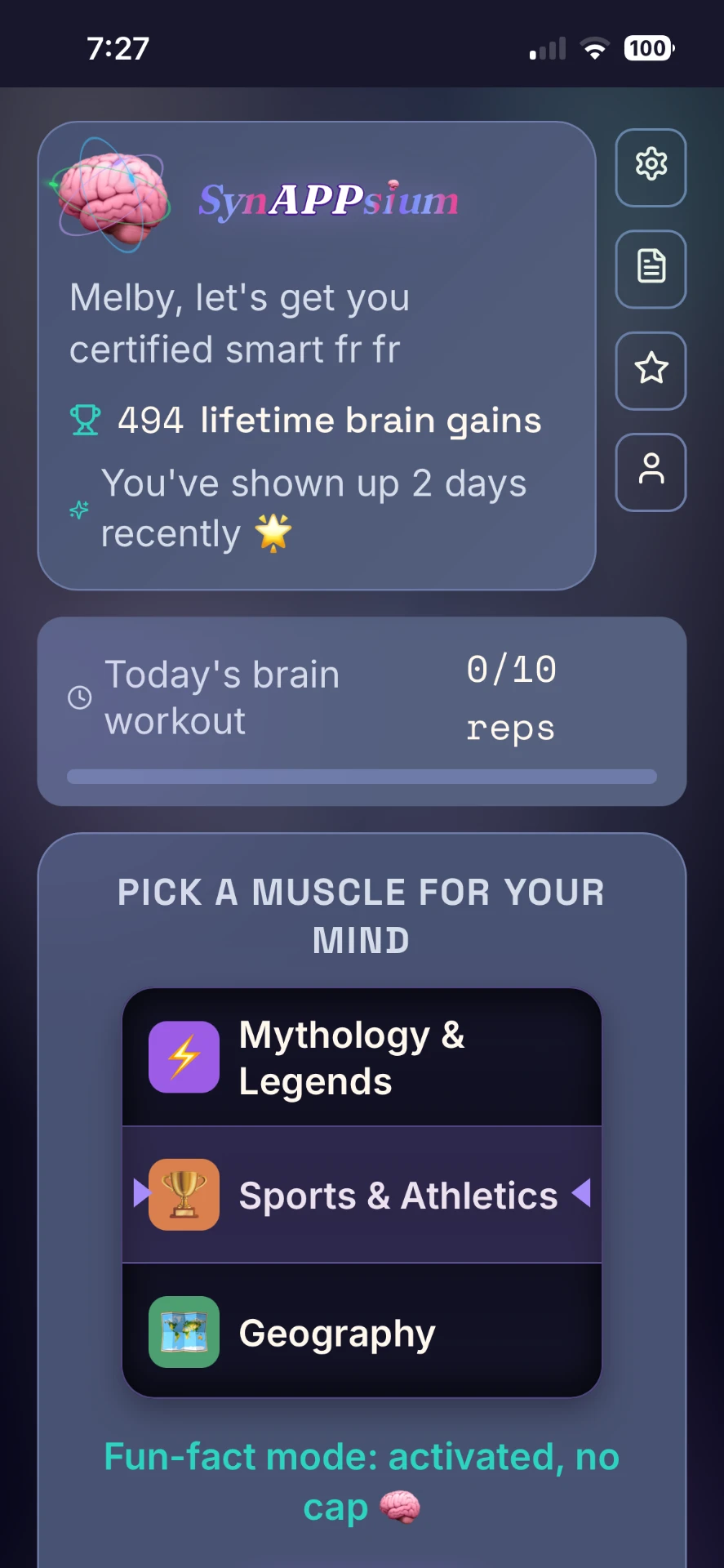 SynAPPsium home screen with lifetime brain gains and today's workout