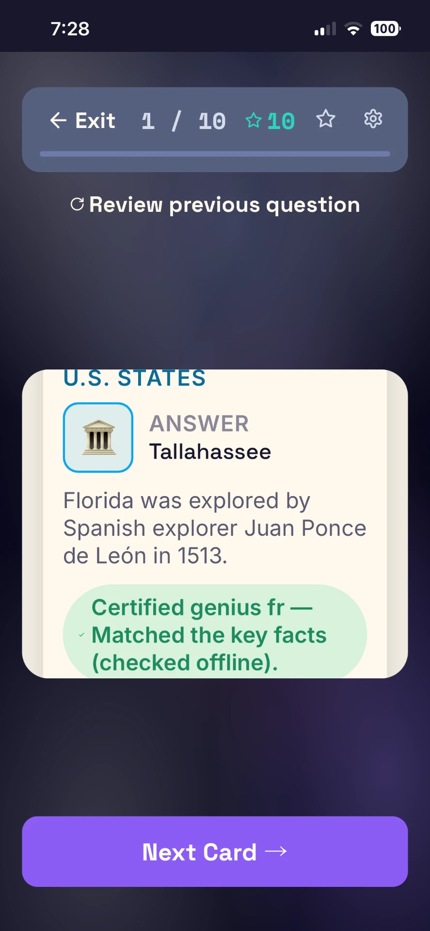 Answer card showing Tallahassee with a fun fact and a graded-correct note