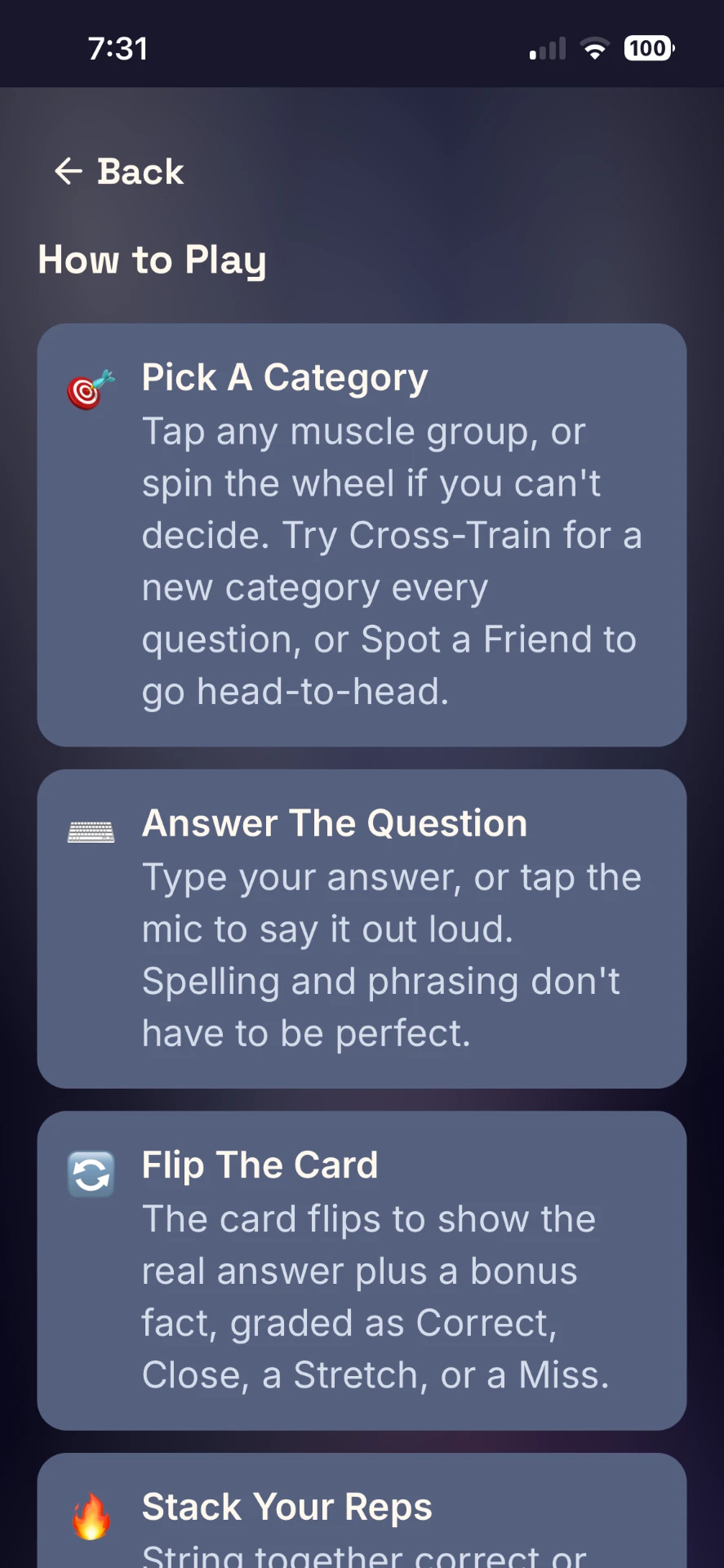 How to Play cards explaining categories, written answers and grading