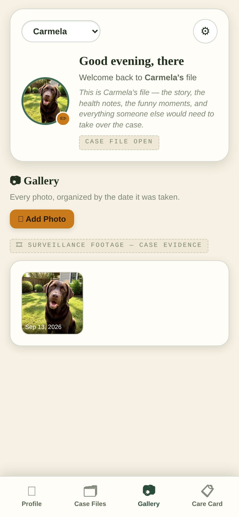 The Pet Files photo gallery with a photo of Carmela the chocolate lab
